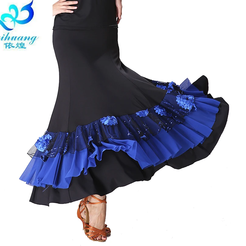 Multicolor large hem practice ballroom dance dress skirt women waltz performance wear