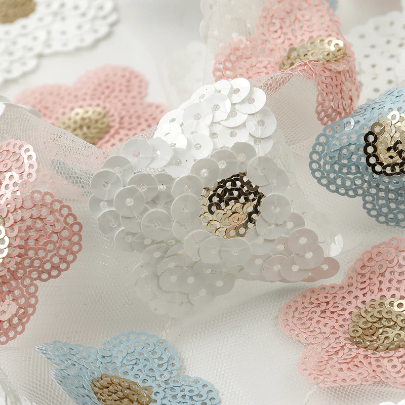 Fashion design quality factory fine workmanship 3D embossed mesh sequin fabric for girls