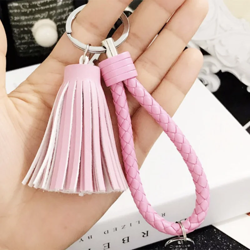Custom Colorful Blank Pu Leather Tassel Key Chain Metal Ring Holder Keychain With Logo