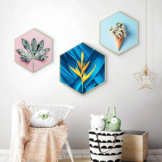 
China Supplies FSC certified flower hexagon frame canvas art wall painting for wholesale 