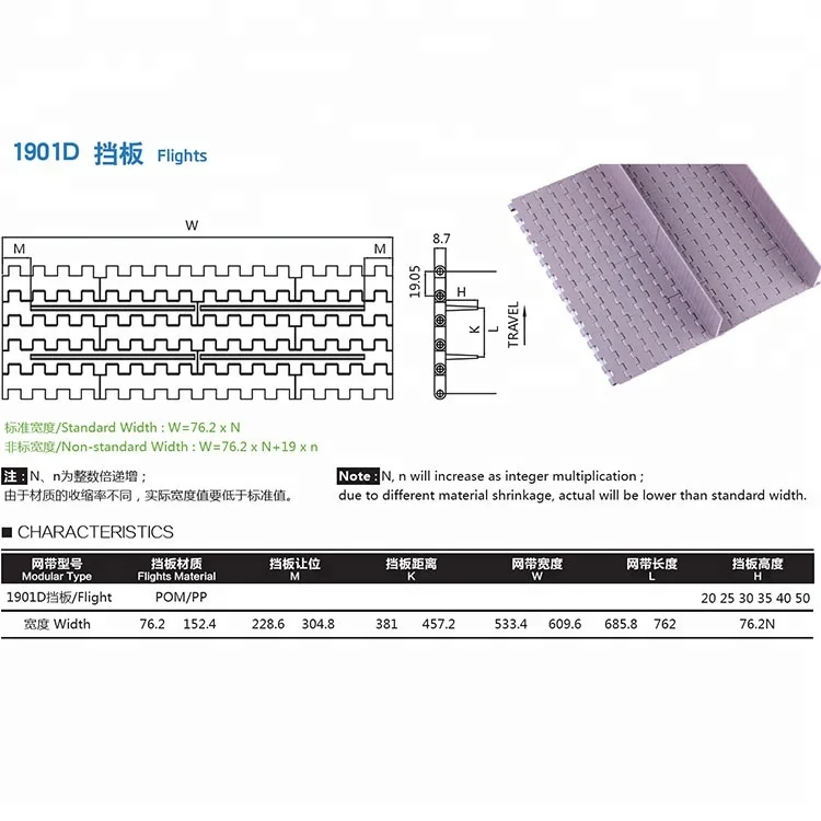 plastic POM modular belt with flight for beverage machine elevator chain