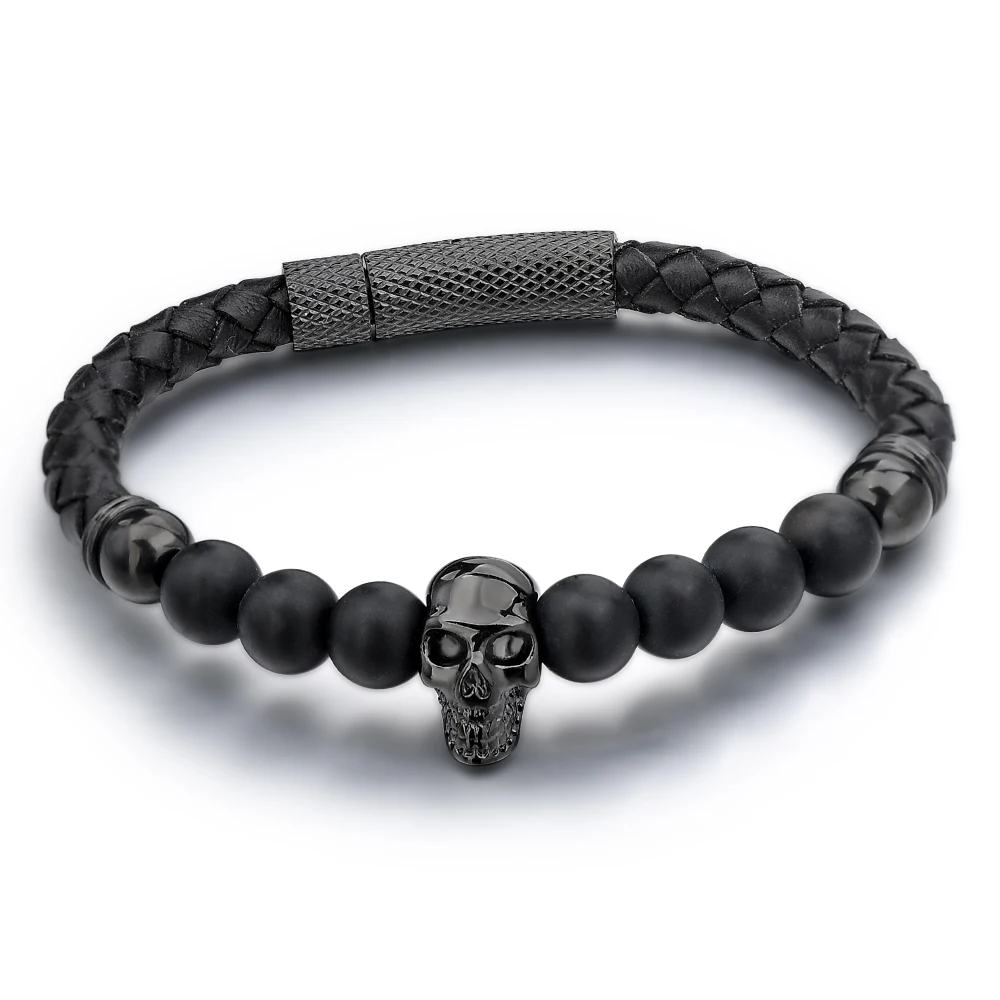 Fashion Tiger Eye Stone Bead Gold Skull Charm Leather Bracelet For Men,Mens Bracelets Skull Jewelry