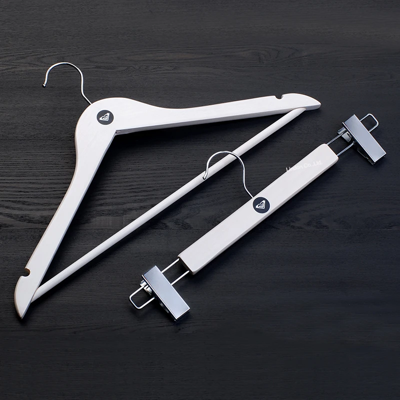 LINDON Fashion Shop Customized Logo White Wooden Boutique Suit Hangers for Clothing Store