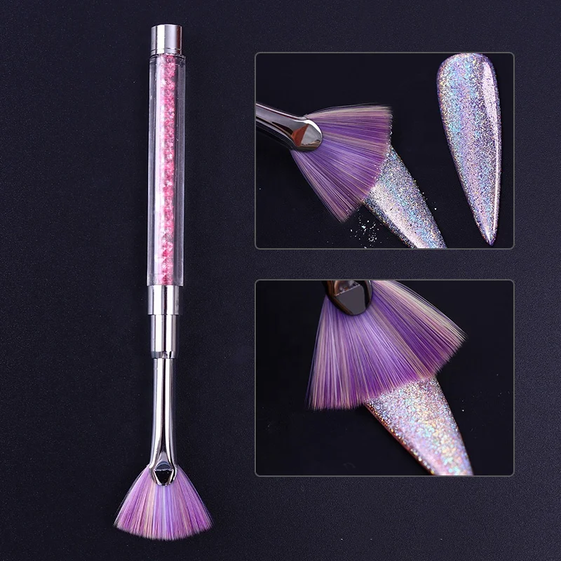 Gradient Pink Rhinestone Handle Nail Dust Glitter Powder Remover Brush,Fan Shape Nail Brush