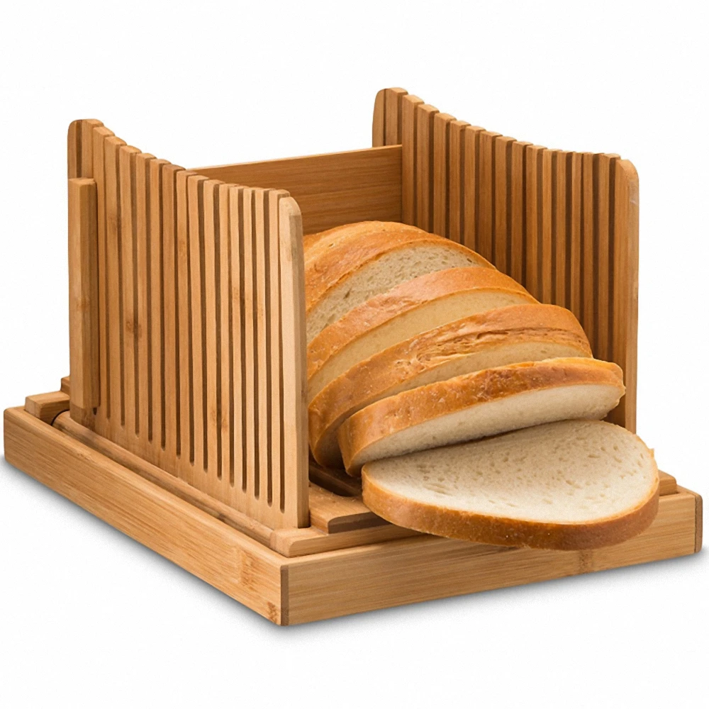 
Bamboo Adjustable Foldable Manual Bread Slicer With Bread Crumb Catcher Tray 