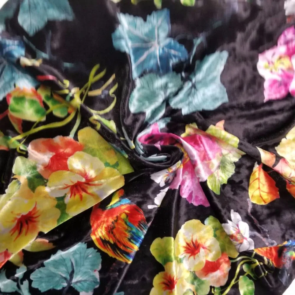  Hot sale red floral green leaf print hand Soft 100% polyester digital printed velvet fabric for women