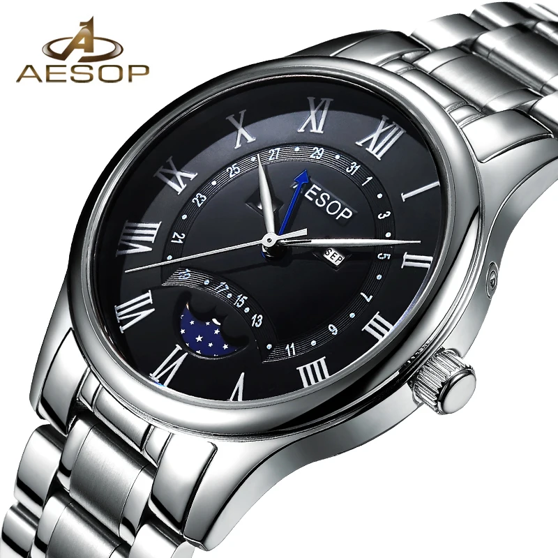 Aesop Fashion Men Sapphire Crystal Moon Phase Leather strap Male watches