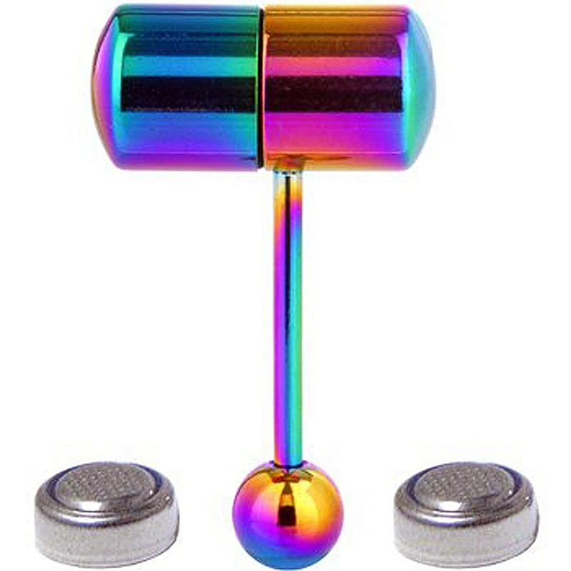 ZESEN Crazy Piercing Stainless Steel Body Piercing Kit - Rainbow Vibrating Tongue Ring with 2 Batteries