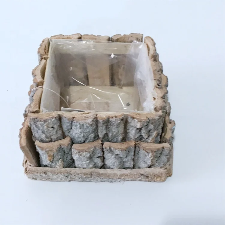 
Hot sales decorative square shape double-deck unique design poplar bark pot with plastic lining for planting 