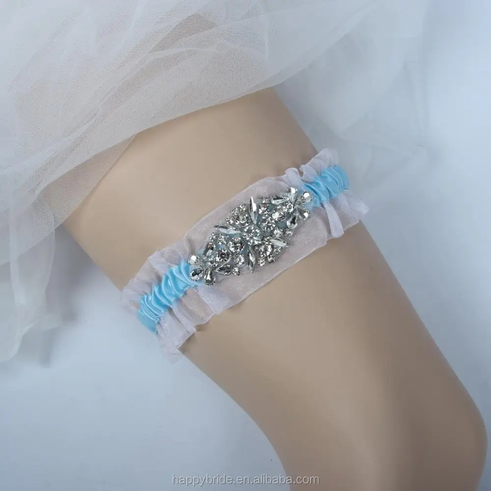 
Factory Blue Ribbon Crystal Beaded Applique Wedding Bridal Leg Garter Belt Set WG1003 