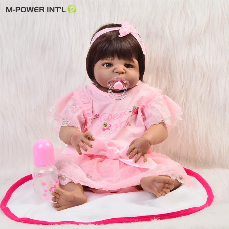 Realistic Indian Baby Doll 22' Girl Black Skin Reborn Baby Doll Toy Full Silicone Body Handmade Ethnic Dolls For kids Xmas Gift