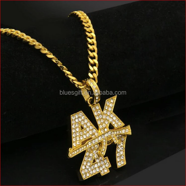 2017 new arrived gold plated Hip hop bling bling AK -47 gun pendant necklaces