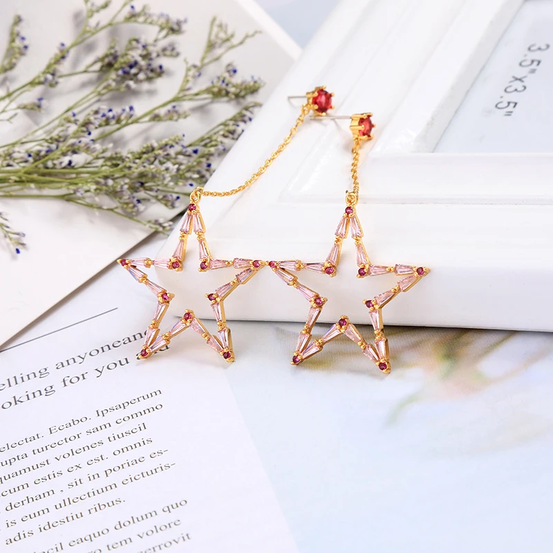 
New Korean Designs Handmade Jewelry long Dangle Brass CZ Star Zircon earrings 