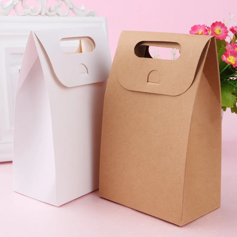 wholesale Cheap custom printed biodegradable brown kraft paper food gift bakery bag logo with cut handle for candy packaging