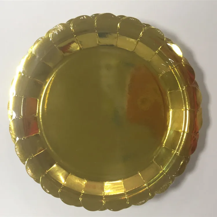 
Best Supplier Stocked Round Disposable Laminate Gold Foil Paper Plate For Birthday Party plate 