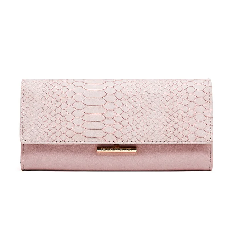 Женский кошелек со змеиным рисунком, Длинный складной бумажник с прострочкой втрое, с тиснением под змеиную кожу