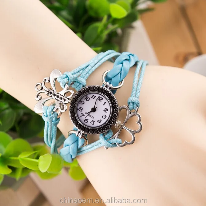 2014 Most Popular Four Leaf Clover And Butterfly Bracelet Watches Leather Lady Watches