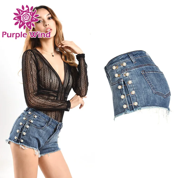 Fashion Denim Shorts Women Stretchy Ripped Jeans Sexy Beading Short