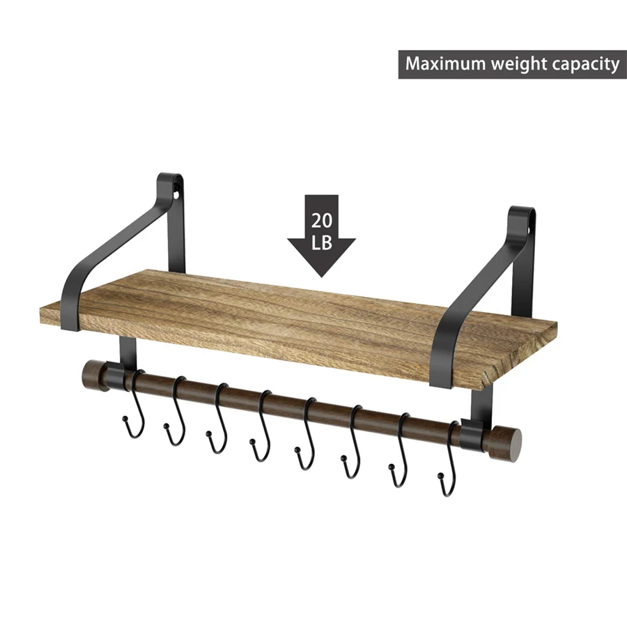 Rustic Kitchen Organizer with Wooden Board And Removable Hooks Organising Cooking Utensils Multi-Use as Spice Rack