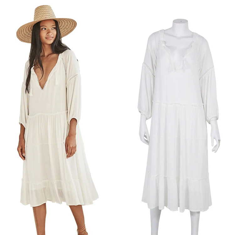 
Chiffon lace autumn dress female V-neck loose long chiffon dress 2018 street casual tops white dress robes ladies 