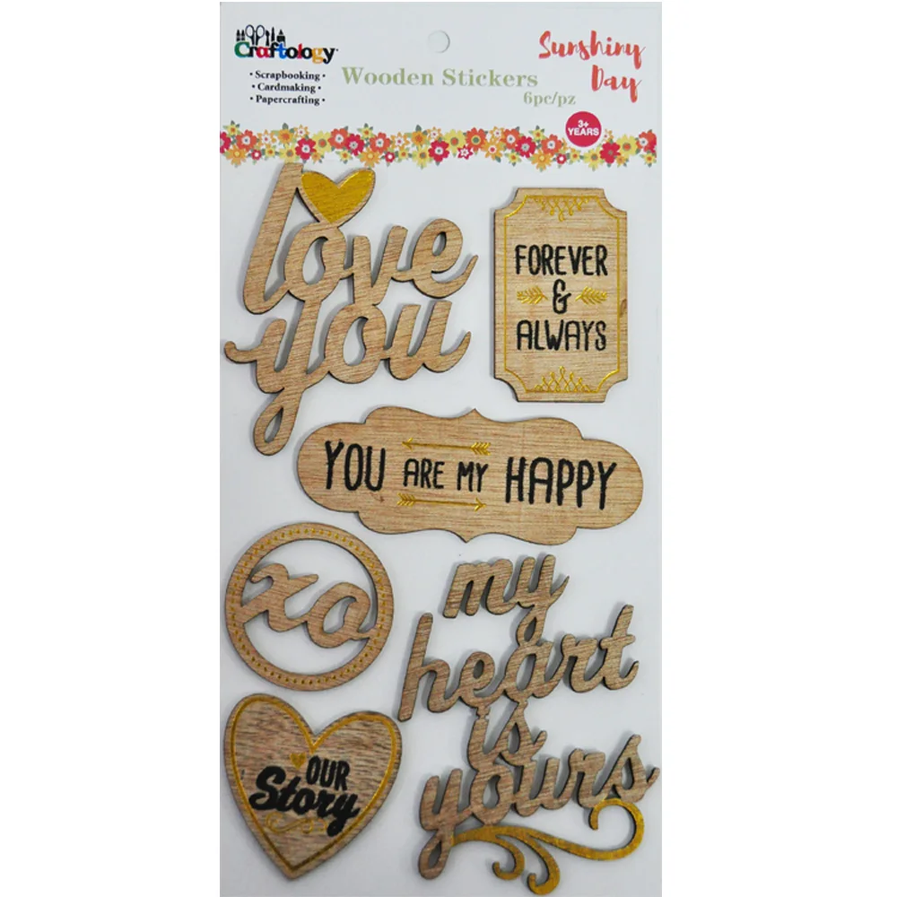 6pcs hot gold and black printed lovely diy wooden embellishment stickers