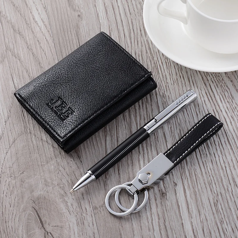 PU leather wrapped ball pen with leather keychain and wallet VIP gift set