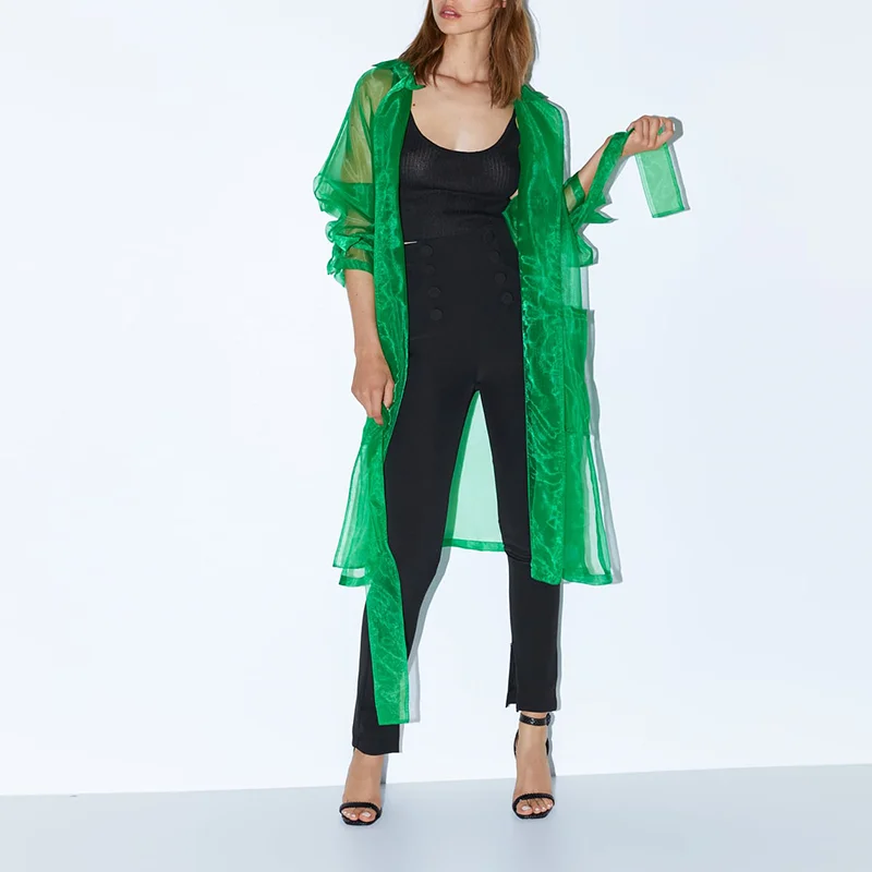 2019 New Arrival  Organza Lapel Collar Long Coat Women Trench Ladies