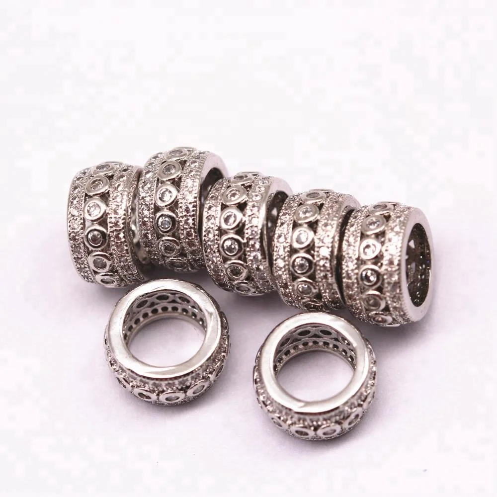 Meaning Mirco Pave Clear Zircon Large Hole Flat Wheel Shape Copper Charm Beads for Jewelry Making