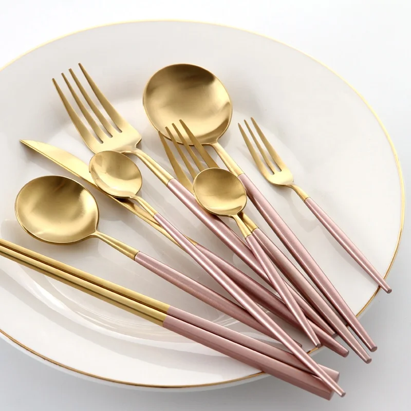 Jinci Pink Handle  Golden Flatware Sets Wedding Flatware Knife Fork Spoon