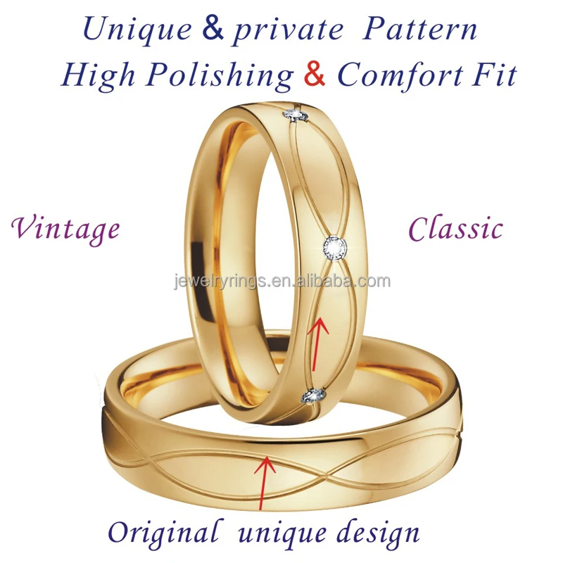 Golden Factory stainless steel ring wedding band bridal promise proposal 24k gold plated couple ring set for men and women