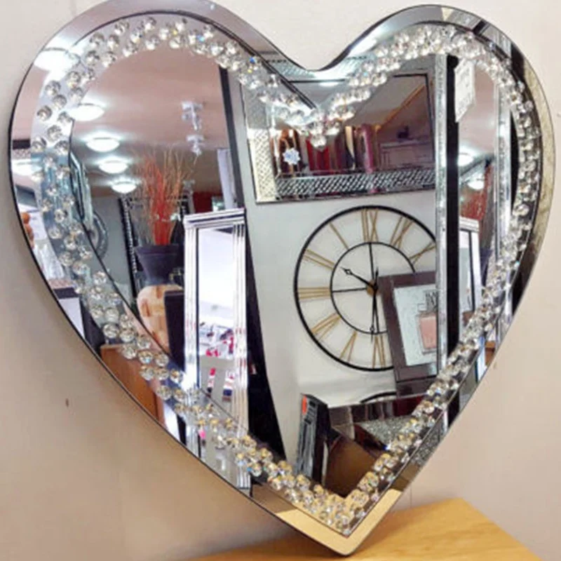 Modern art decor heart shape acrylic crystal glass bevelled wall mirror