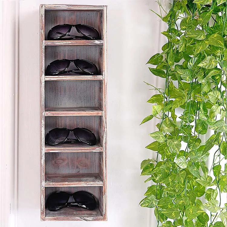 6-Slot Rustic Wooden Wall Mounted Vertical Storage Sunglasses Display Case Stand