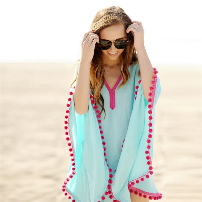 YOUME Sexy Cotton Bathing Suit Cover ups Summer Beach Dress Tassel Trim Bikini Swimsuit Cover Up Beach Wear Pareo Sarong