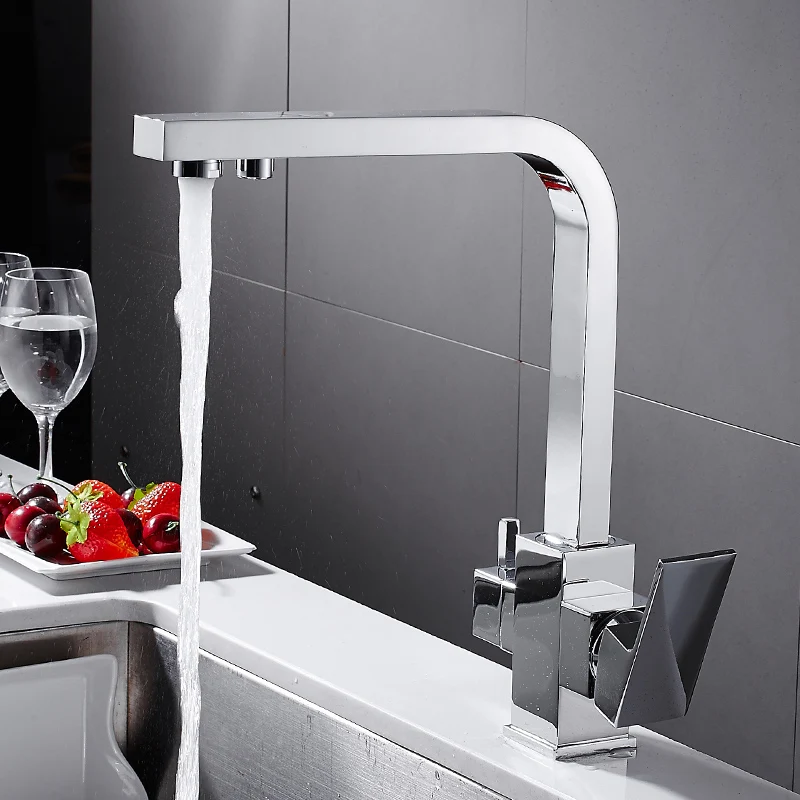 Drinking Water Kitchen Faucet 2-Handle Double Spout 3 Way Kitchen Sink Faucets Hot and Cold and Water Filter Purifier Mixer Tap