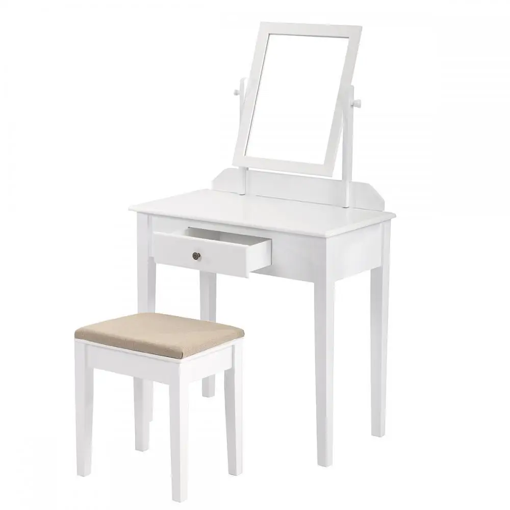 
New White Make Up Table Wood Jewelry Table And Stool With Mirror 