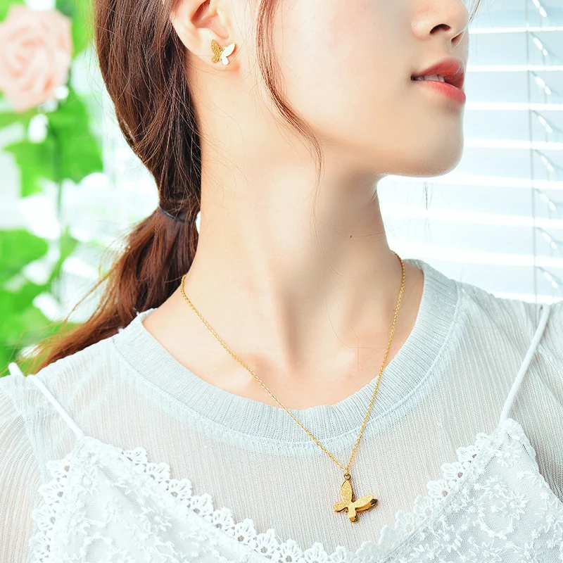 BAOYAN Оптовая Продажа 18K позолоченная бабочка из нержавеющей стали свадебный комплект ювелирных изделий, ожерелье бабочка из нержавеющей стали