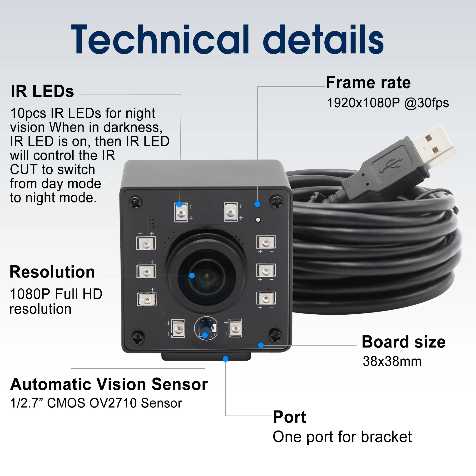 ELP Wide Angle Fisheye Lens Full HD 1080P 30fps CMOS OV2710 Night Vision Free Driver USB Webcam Camera With LED