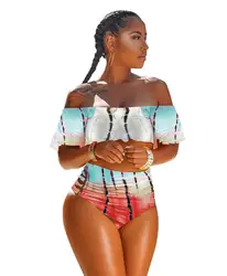2019 High Quality Custom Color Block Plus Size High Waist Off Shoulder Sexy Ladies Swimwear Beachwear African Print