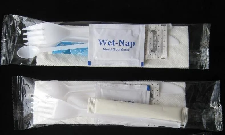Knife, Fork, Spoon, Napkin, Wet wipe, Salt, Pepper, and toothpick packing machine