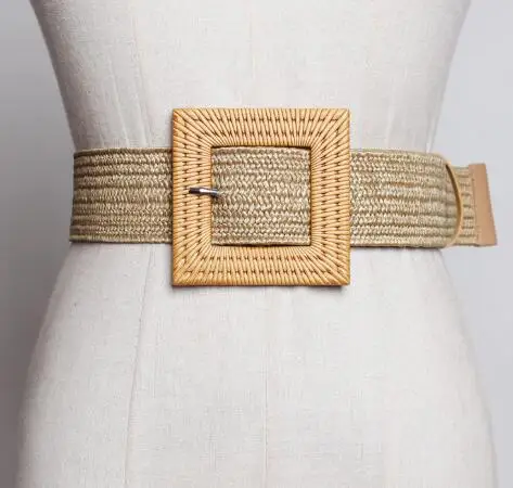 
New fashion elastic straw braided women raffia belts with imitate rattan wood buckle 