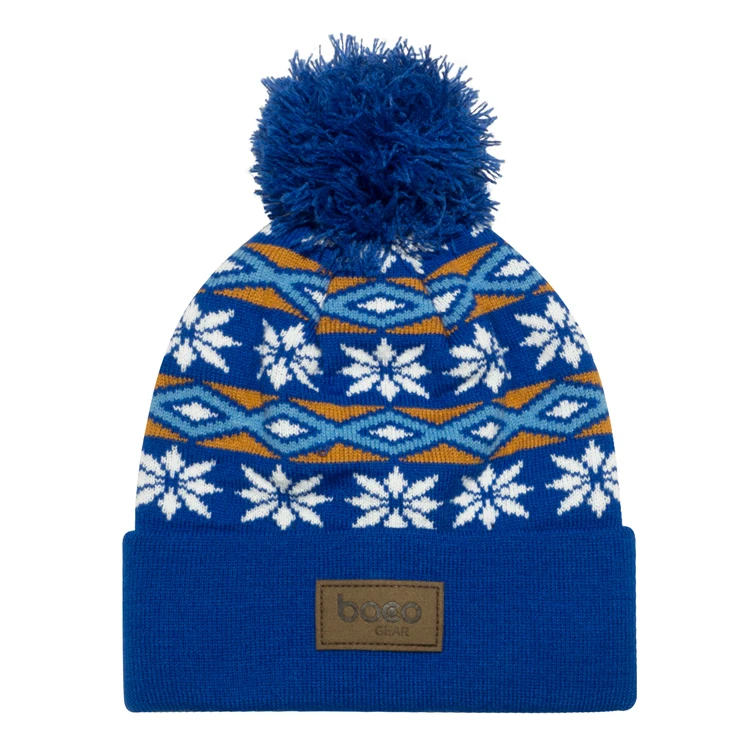Colorful leather patch beanies with top ball pom pom