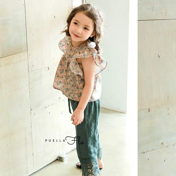 KS0687 Korean style girls puff sleeve flower t shirt