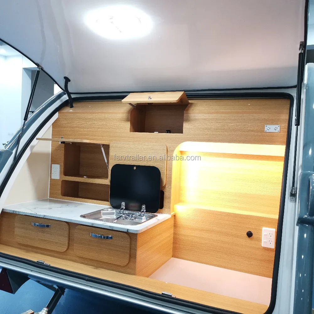 Small mini Teardrop travel trailer caravan with camping tent