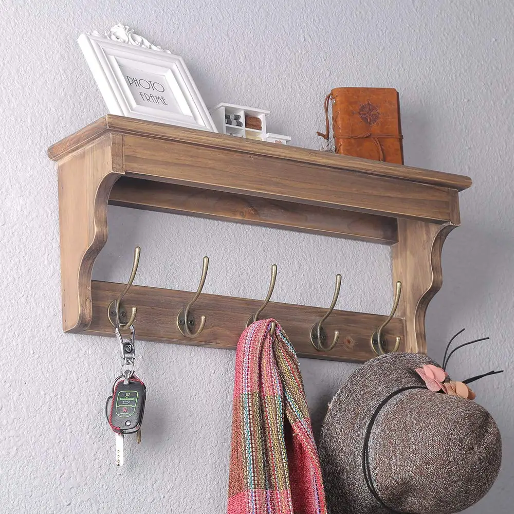 Wall Mounted Coat Rack with Shelf,Wooden Coat Hook Rack with 5 Metal Hooks for Hanging Coats,Rustic Entryway Shelf Wood Shelves