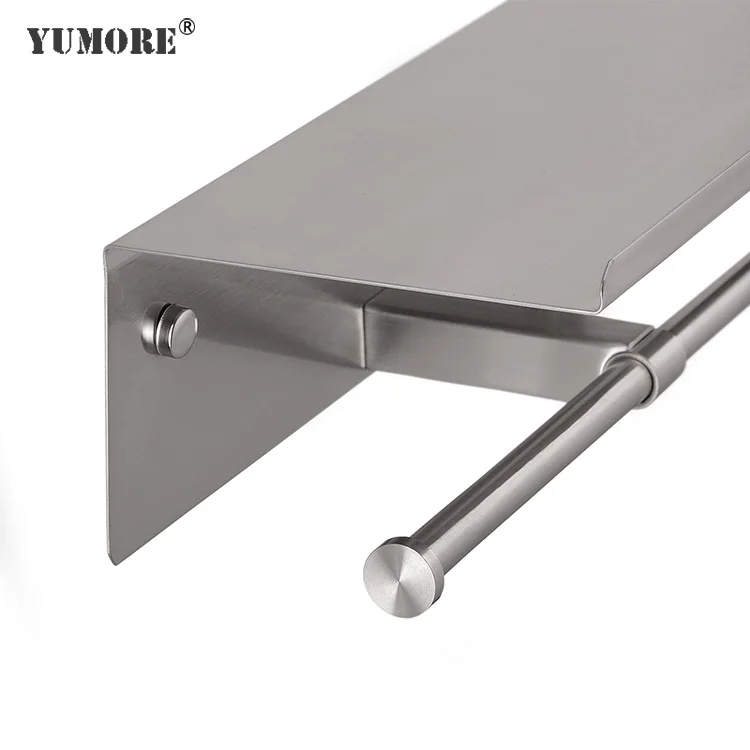 Factory price 304 stainless steel wall mounted free standing roll tissue mobile phone storage shelf double toilet paper holder