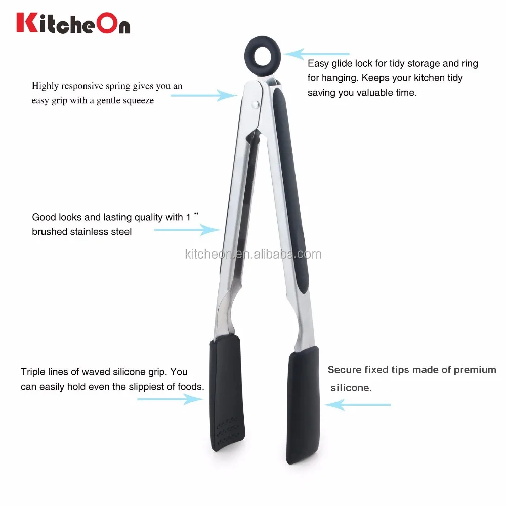 9 Inch and 12 Inch Stainless Steel Locking Food Tongs with Silicone Heads