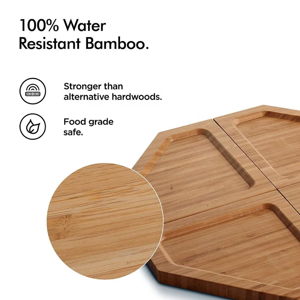 Jigsaw Platter Cheese Board with Display Stand, Natural Bamboo Wooden Charcuterie and Meat Serving Boards, 4 Connecting Coaster