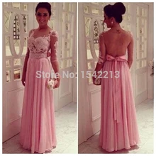 Brasil Style Fashion Rude Pink Long Evening Dress With Sleeves Vestido Formales Prom Party Gowns New Arrival 2014