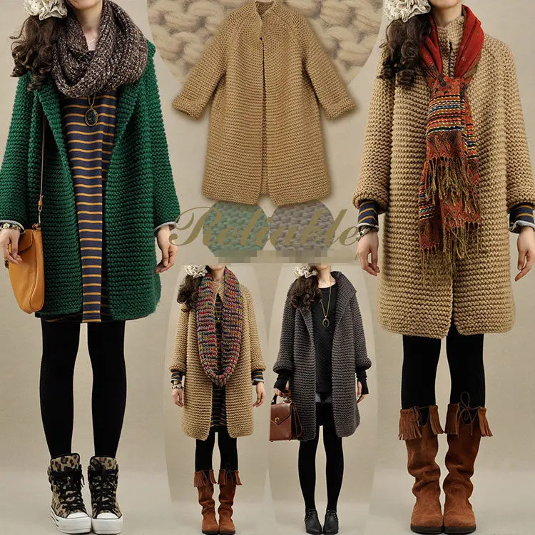 Осень и зима женщин очень грубая шерсть вязание свитер верхняя одежда старинные утолщение средней длины свитер пальто женщин 1064