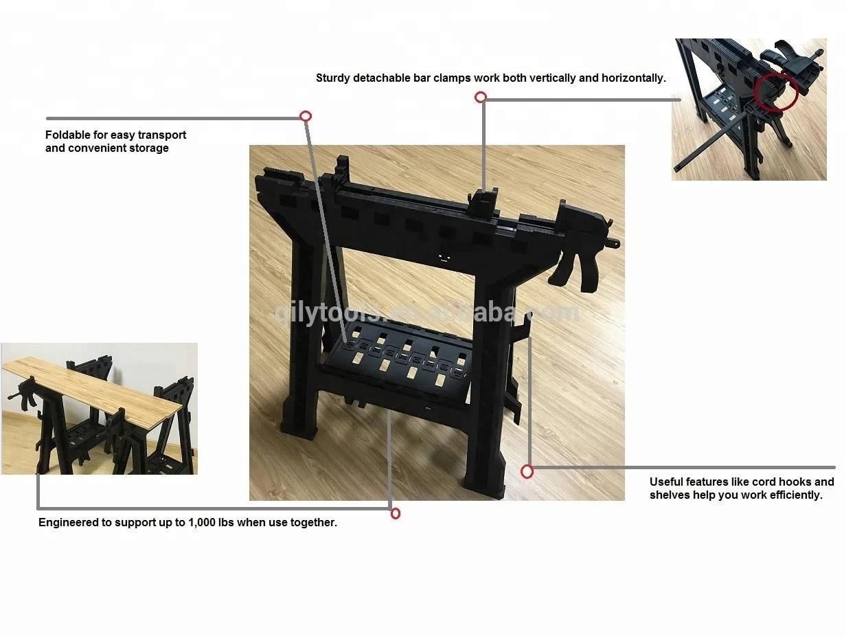 Folding Compact Workbench Sawhorse Work Table with Clamps 1000 lb Capacity